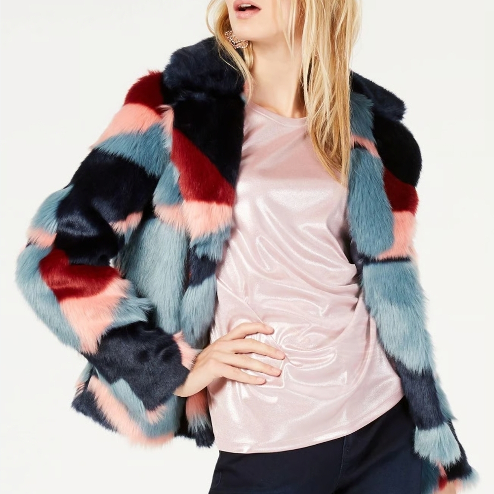 INC International Concepts Multi-Color Faux Fur Colorblock Jacket